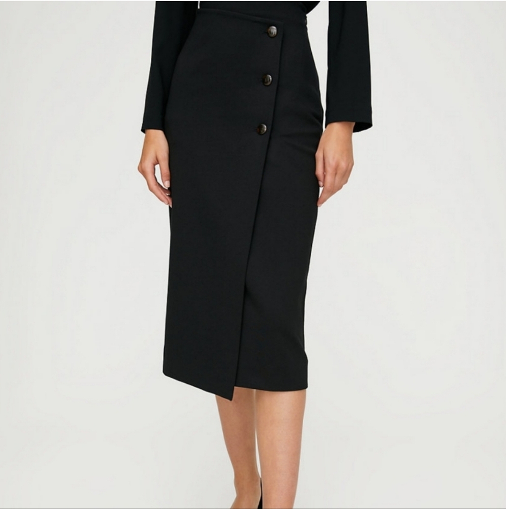 Babaton Black Asymmetrical Button-Front Pencil Skirt